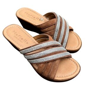 MARIELLA TAN BROWN RHINESTONE WEDGE SANDALS SIZE  7.5  NEW